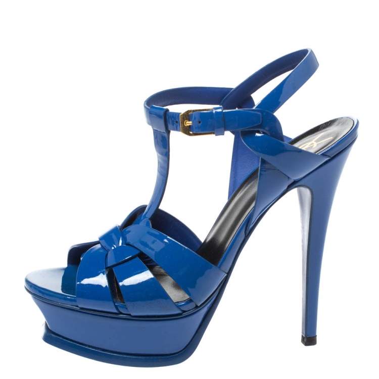 Pre Owned Saint Laurent Paris Blue Patent Leather Tribute Platform Sandals Size 36.5