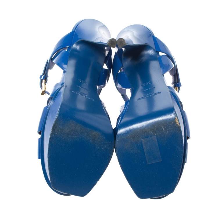 Pre Owned Saint Laurent Paris Blue Patent Leather Tribute Platform Sandals Size 36.5