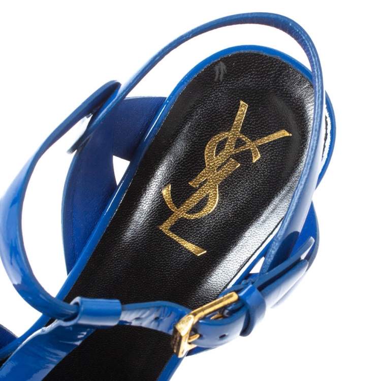 Pre Owned Saint Laurent Paris Blue Patent Leather Tribute Platform Sandals Size 36.5