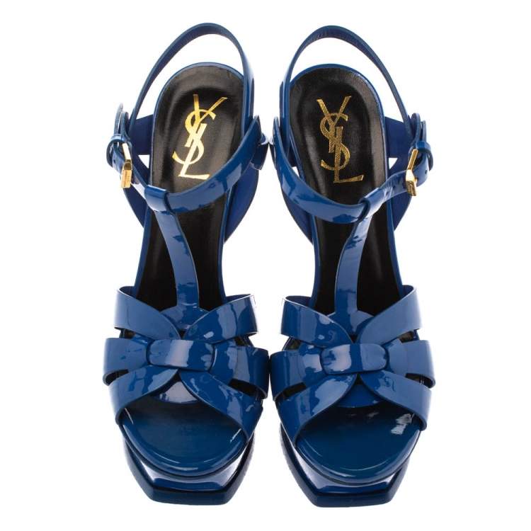 Pre Owned Saint Laurent Paris Blue Patent Leather Tribute Platform Sandals Size 36.5