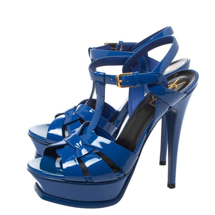 Pre Owned Saint Laurent Paris Blue Patent Leather Tribute Platform Sandals Size 36.5