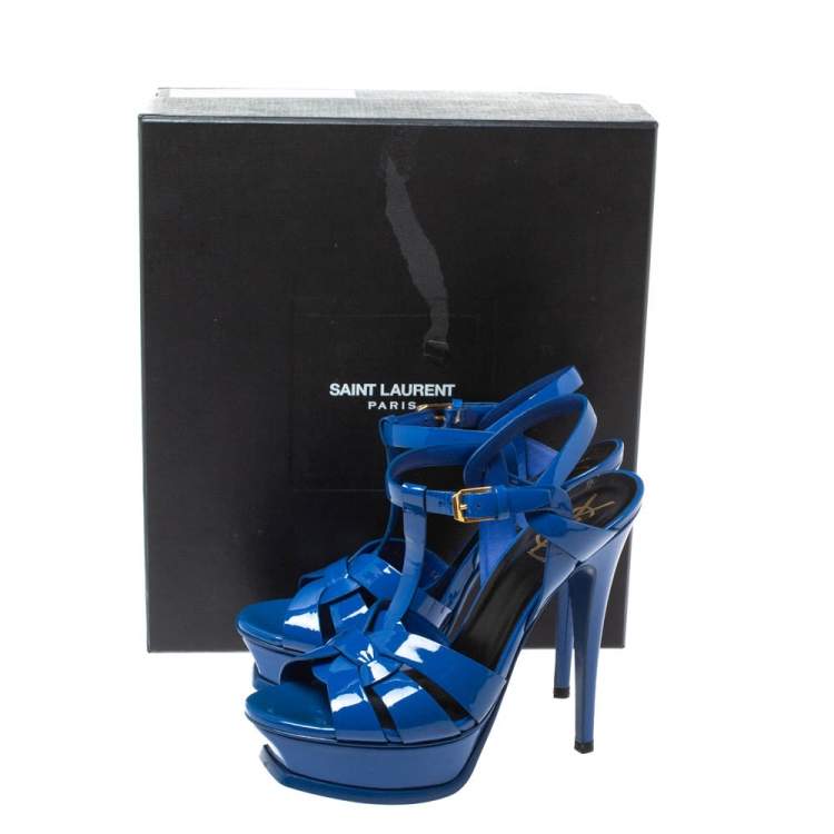 Pre Owned Saint Laurent Paris Blue Patent Leather Tribute Platform Sandals Size 36.5