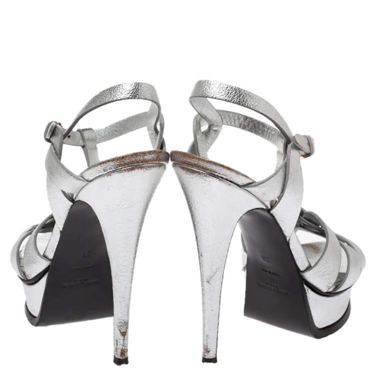 Pre Owned Saint Laurent Paris Metallic Silver Textured Leather Tribute Platform Sandals Size 39
