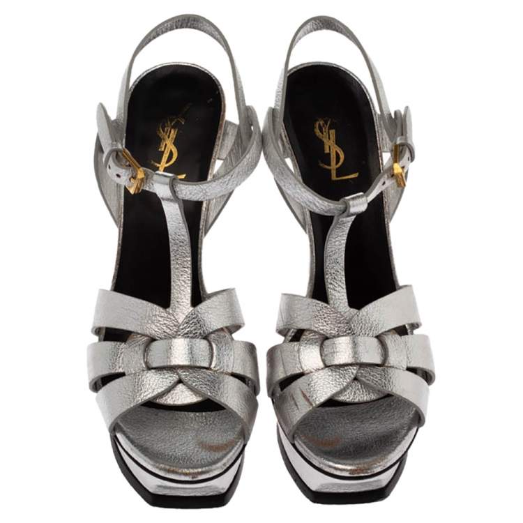 Pre Owned Saint Laurent Paris Metallic Silver Textured Leather Tribute Platform Sandals Size 39
