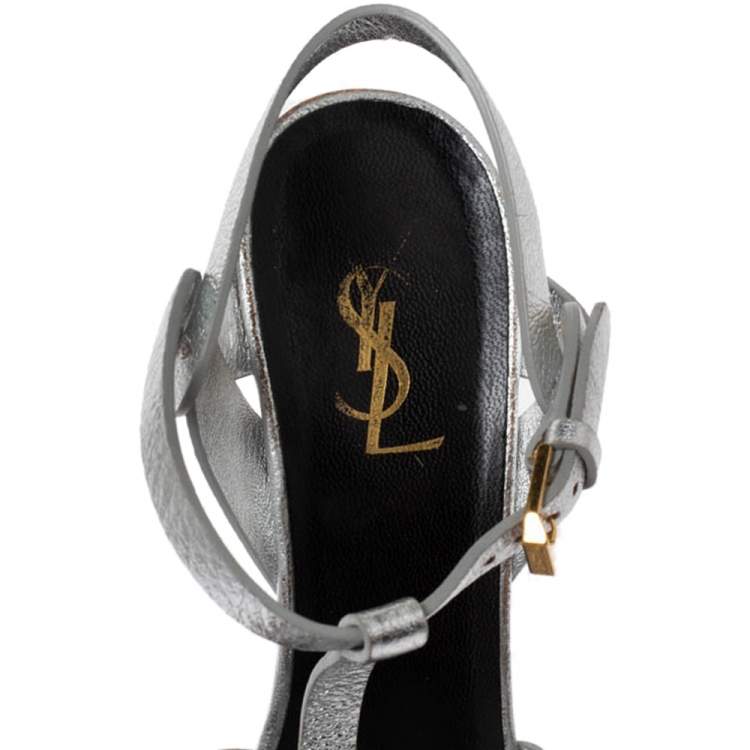 Pre Owned Saint Laurent Paris Metallic Silver Textured Leather Tribute Platform Sandals Size 39