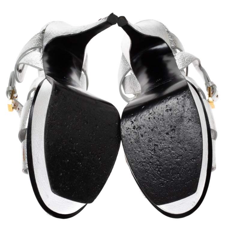 Pre Owned Saint Laurent Paris Metallic Silver Textured Leather Tribute Platform Sandals Size 39