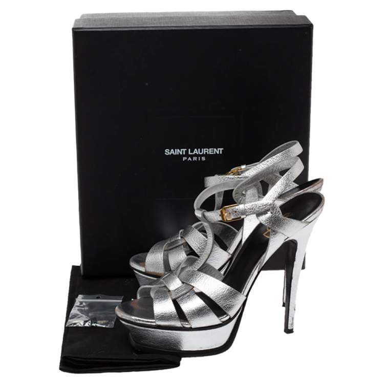 Pre Owned Saint Laurent Paris Metallic Silver Textured Leather Tribute Platform Sandals Size 39