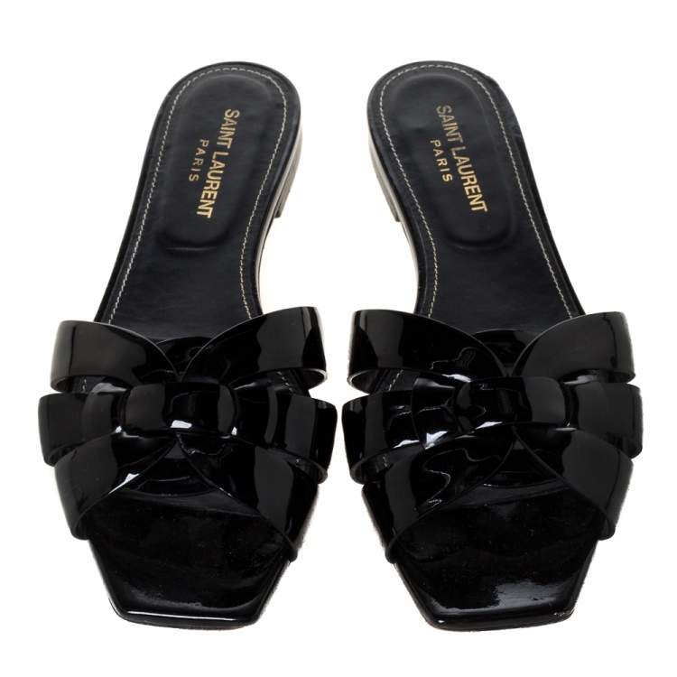 مملوكة مسبقًا Saint Laurent Paris Black Patent Leather Tribute Flat Slides Size 39