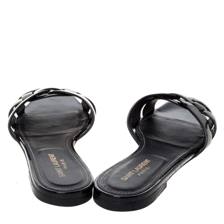 مملوكة مسبقًا Saint Laurent Paris Black Patent Leather Tribute Flat Slides Size 39