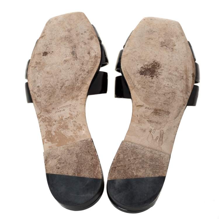 مملوكة مسبقًا Saint Laurent Paris Black Patent Leather Tribute Flat Slides Size 39