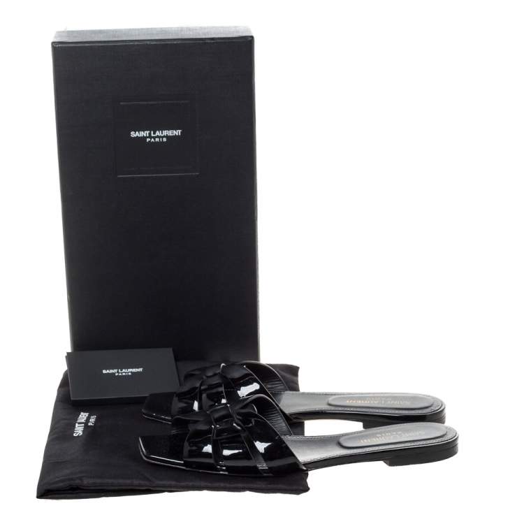 مملوكة مسبقًا Saint Laurent Paris Black Patent Leather Tribute Flat Slides Size 39