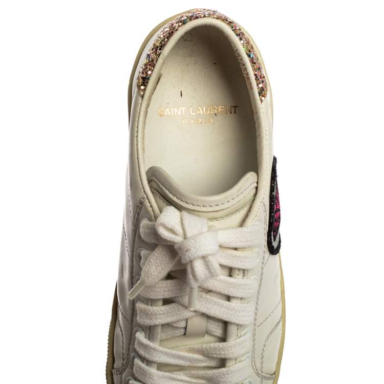 Pre Owned Saint Laurent Paris White Leather And Glitter Trim Court Classic SL/37 Diamond Patch Low Top Sneakers Size 35