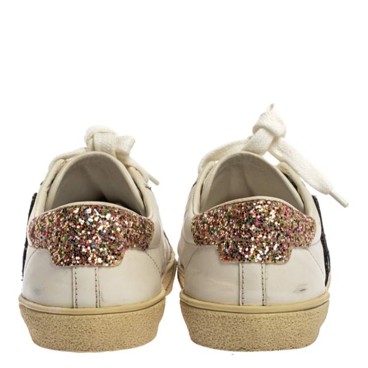 Pre Owned Saint Laurent Paris White Leather And Glitter Trim Court Classic SL/37 Diamond Patch Low Top Sneakers Size 35