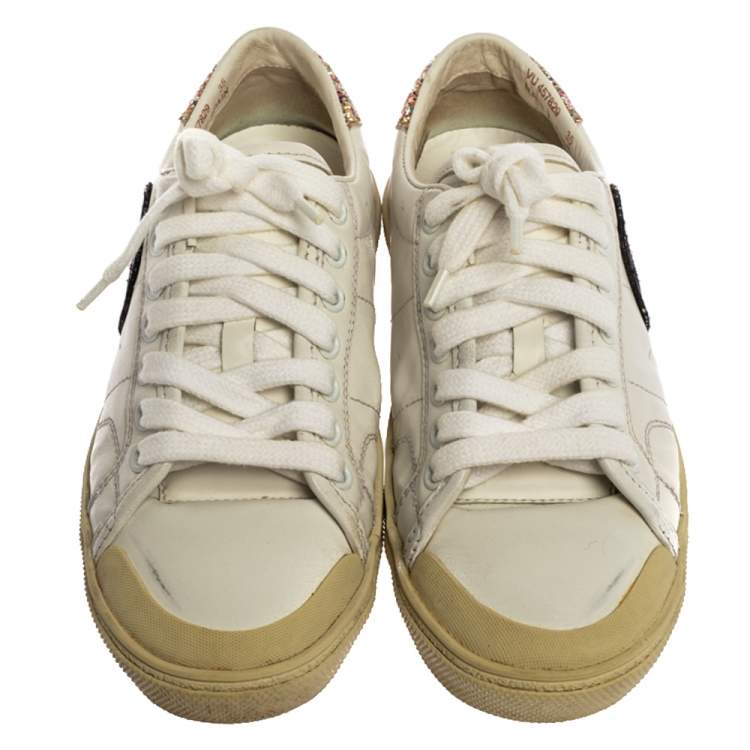 Pre Owned Saint Laurent Paris White Leather And Glitter Trim Court Classic SL/37 Diamond Patch Low Top Sneakers Size 35
