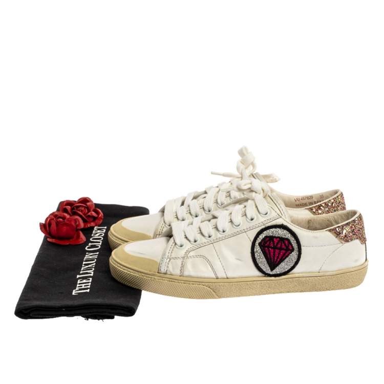 Pre Owned Saint Laurent Paris White Leather And Glitter Trim Court Classic SL/37 Diamond Patch Low Top Sneakers Size 35