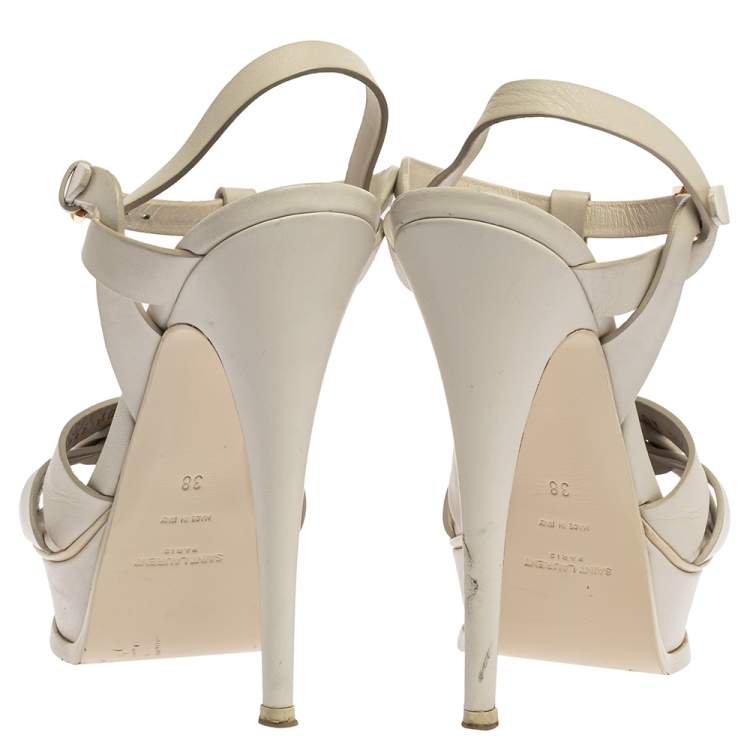 Pre Owned Saint Laurent White Leather Tribute Platfrom Sandals Size 38