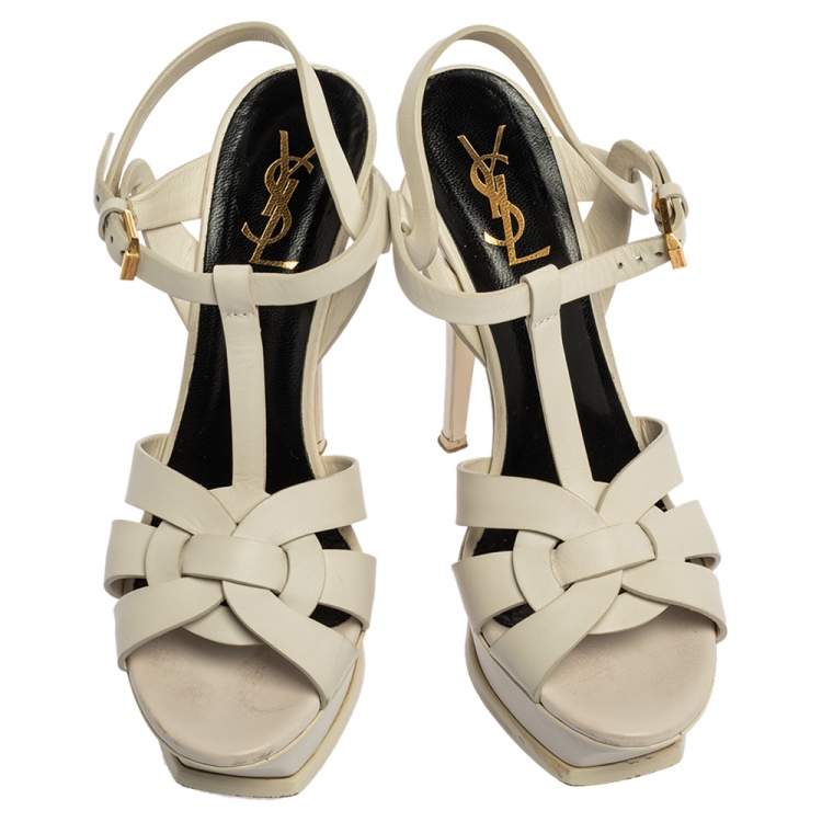 Pre Owned Saint Laurent White Leather Tribute Platfrom Sandals Size 38