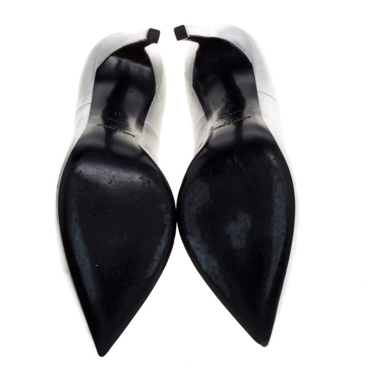 Pre Owned Saint Laurent Paris Silver Leather Thorn Pointed Toe Pumps Size 37