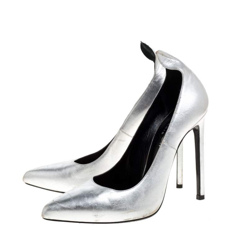 Pre Owned Saint Laurent Paris Silver Leather Thorn Pointed Toe Pumps Size 37