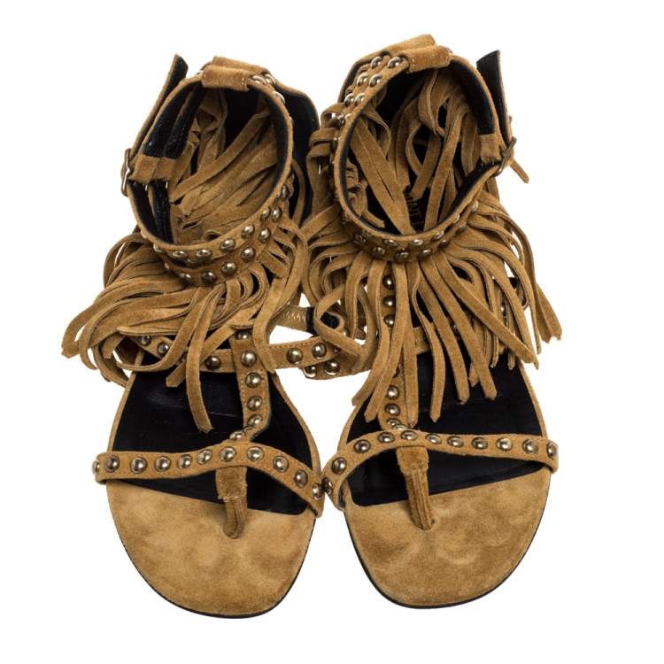 مملوكة مسبقًا Saint Laurent Paris Beige Suede Fringed Ankle Strap Flats Size 36