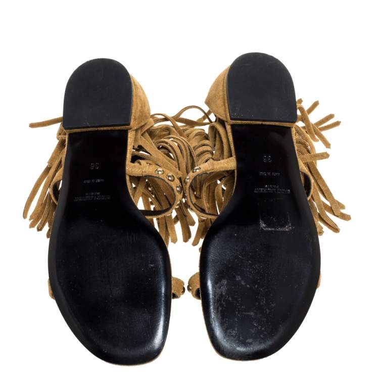 مملوكة مسبقًا Saint Laurent Paris Beige Suede Fringed Ankle Strap Flats Size 36