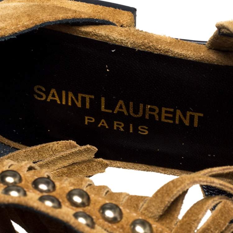 مملوكة مسبقًا Saint Laurent Paris Beige Suede Fringed Ankle Strap Flats Size 36