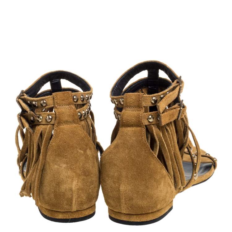 مملوكة مسبقًا Saint Laurent Paris Beige Suede Fringed Ankle Strap Flats Size 36