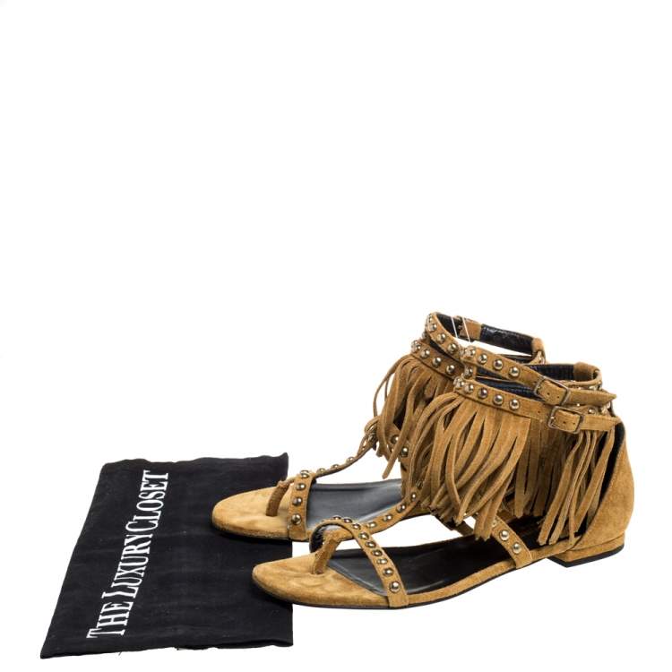 مملوكة مسبقًا Saint Laurent Paris Beige Suede Fringed Ankle Strap Flats Size 36
