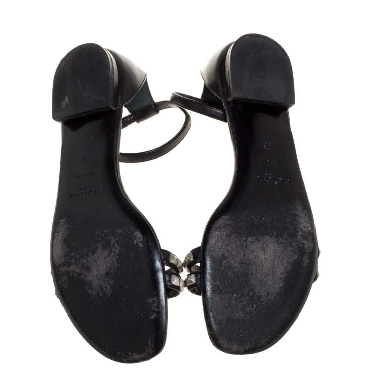 Pre Owned Saint Laurent Paris Black Leather Studded Ankle Strap Flats Size 36