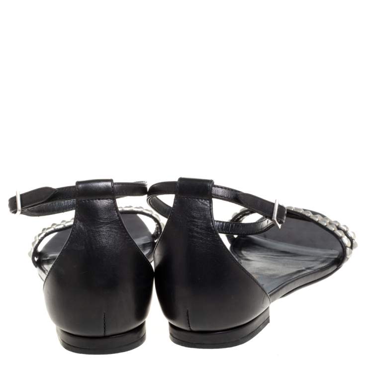 Pre Owned Saint Laurent Paris Black Leather Studded Ankle Strap Flats Size 36