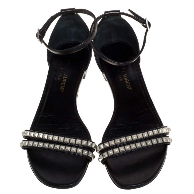 Pre Owned Saint Laurent Paris Black Leather Studded Ankle Strap Flats Size 36