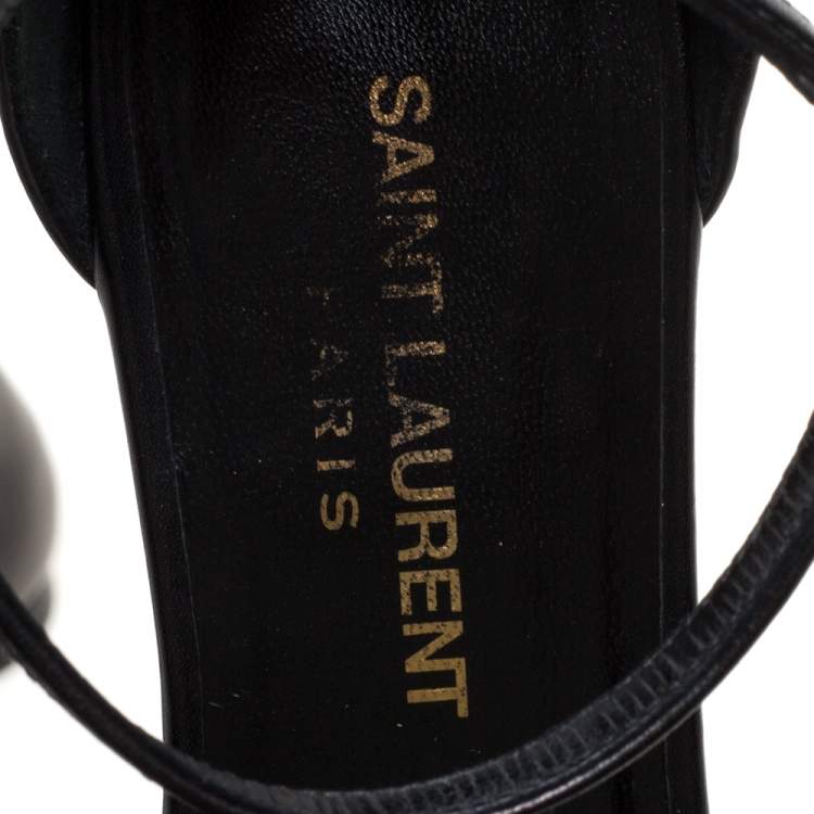 Pre Owned Saint Laurent Paris Black Leather Studded Ankle Strap Flats Size 36