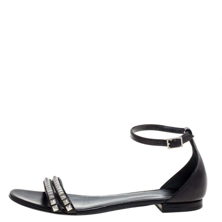 Pre Owned Saint Laurent Paris Black Leather Studded Ankle Strap Flats Size 36