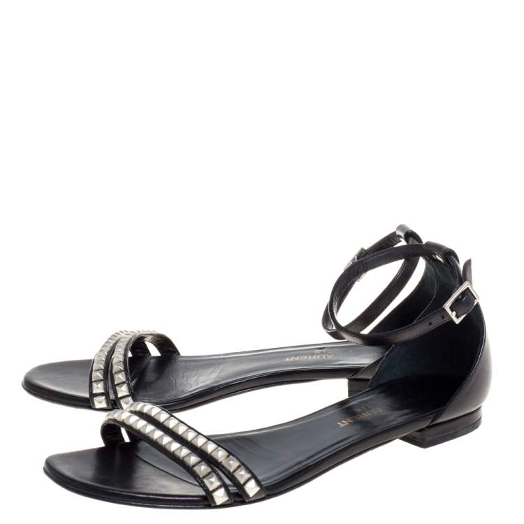 Pre Owned Saint Laurent Paris Black Leather Studded Ankle Strap Flats Size 36