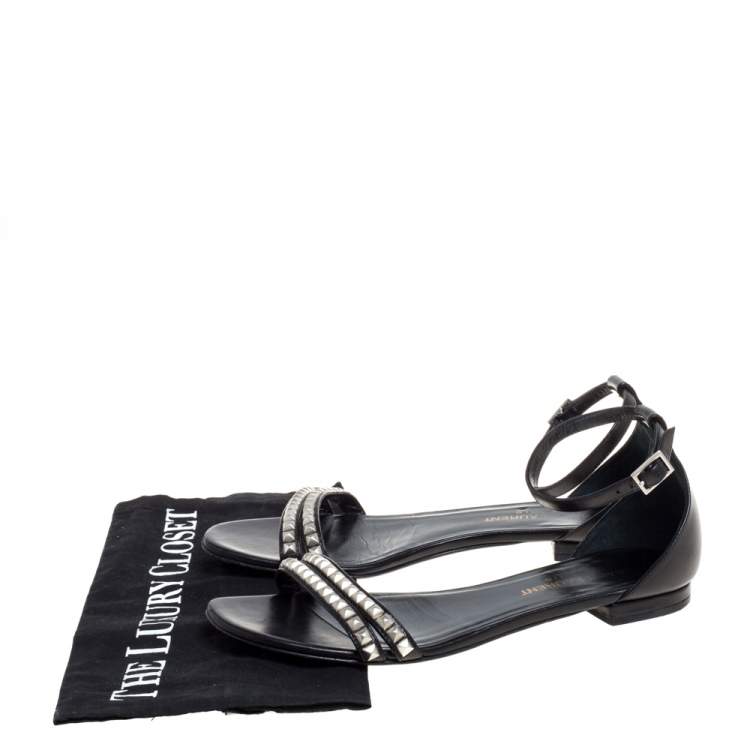 Pre Owned Saint Laurent Paris Black Leather Studded Ankle Strap Flats Size 36