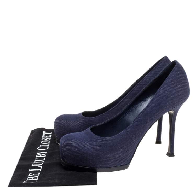 Pre Owned Saint Laurent Paris Denim Fabric Tribtoo Platform Pumps Size 37.5