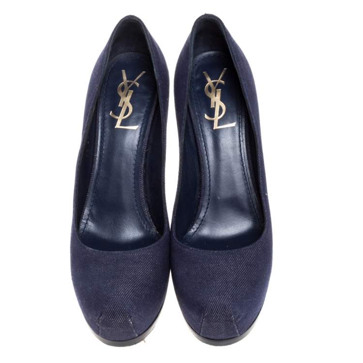 Pre Owned Saint Laurent Paris Denim Fabric Tribtoo Platform Pumps Size 37.5