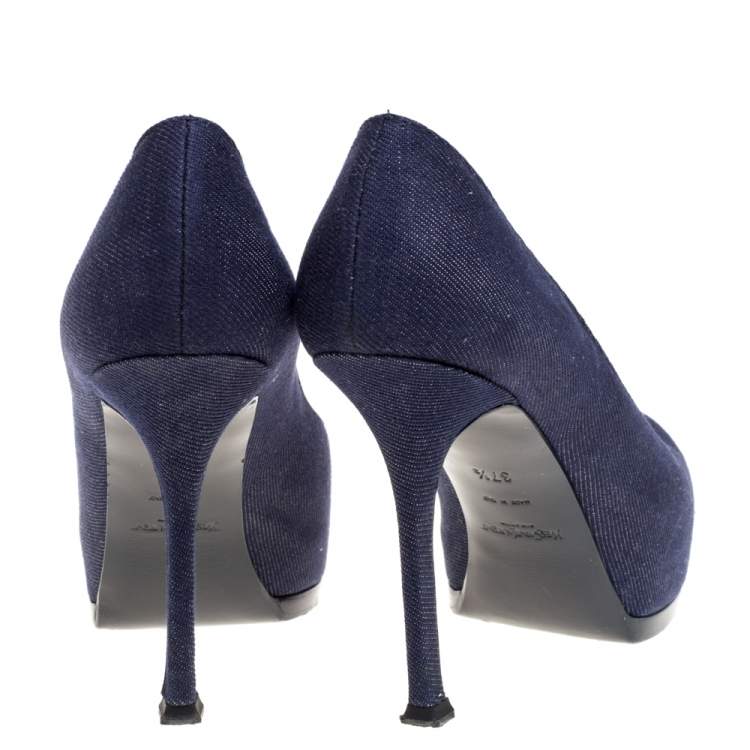 Pre Owned Saint Laurent Paris Denim Fabric Tribtoo Platform Pumps Size 37.5