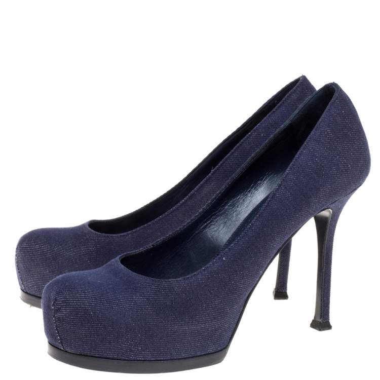 Pre Owned Saint Laurent Paris Denim Fabric Tribtoo Platform Pumps Size 37.5