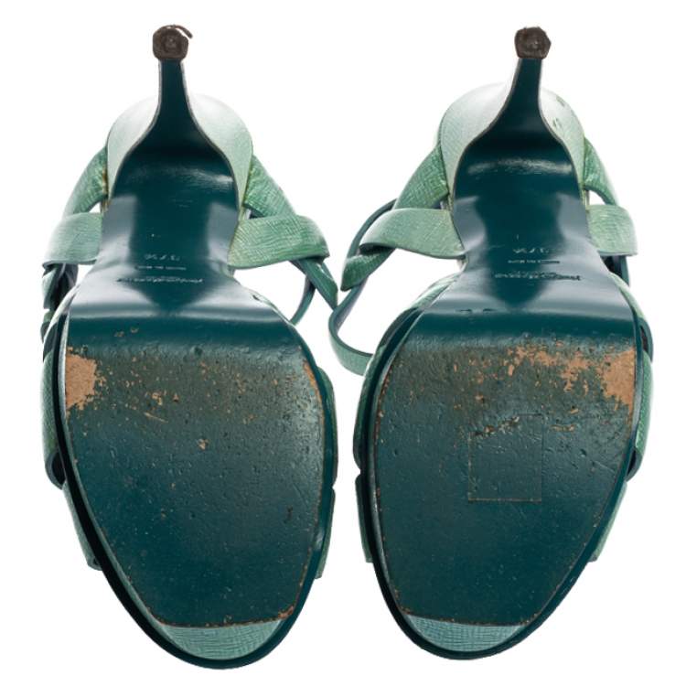Pre Owned Saint Laurent Paris Blue Textured Patent Leather Tribute Sandals Size 37.5