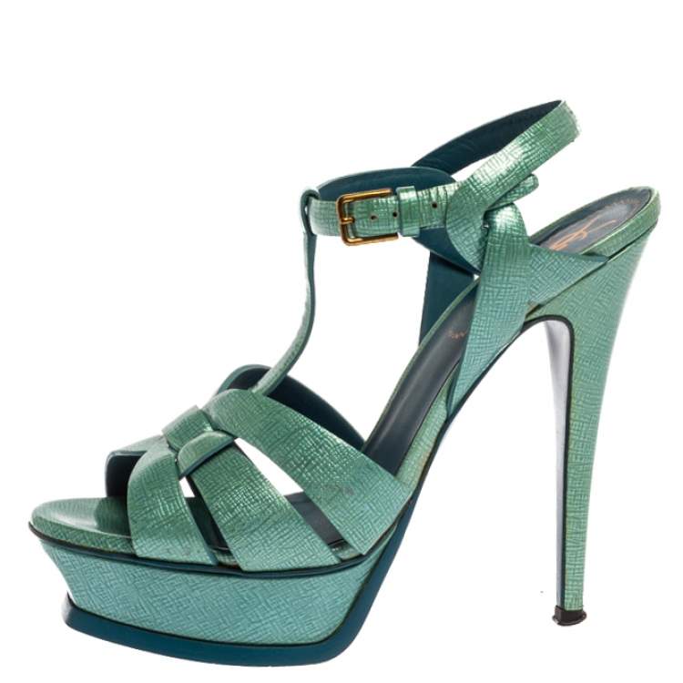 Pre Owned Saint Laurent Paris Blue Textured Patent Leather Tribute Sandals Size 37.5