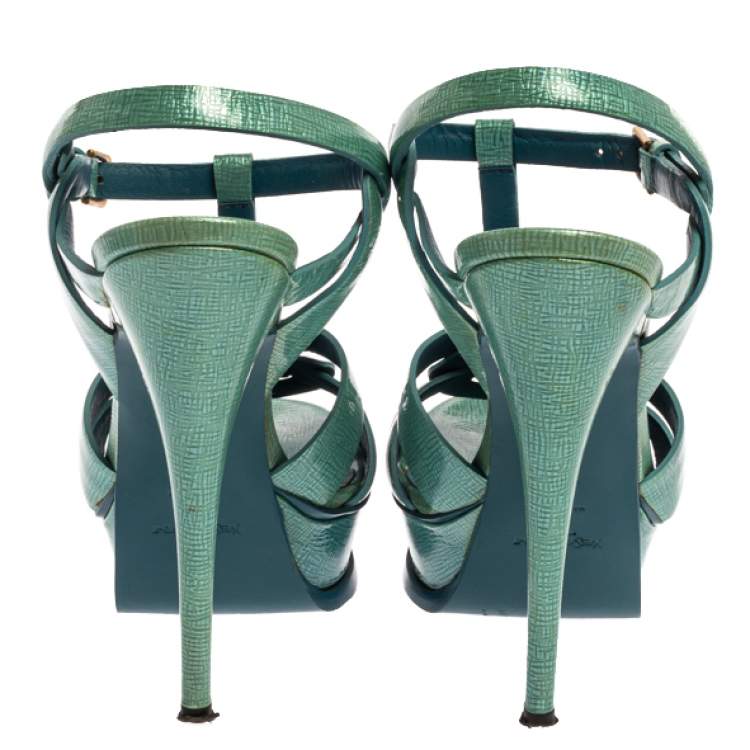 Pre Owned Saint Laurent Paris Blue Textured Patent Leather Tribute Sandals Size 37.5