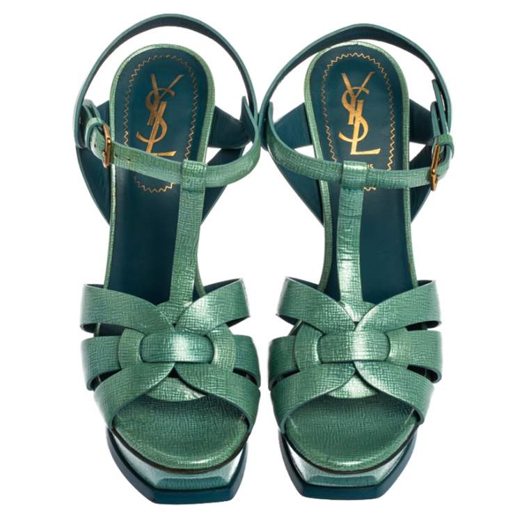 Pre Owned Saint Laurent Paris Blue Textured Patent Leather Tribute Sandals Size 37.5