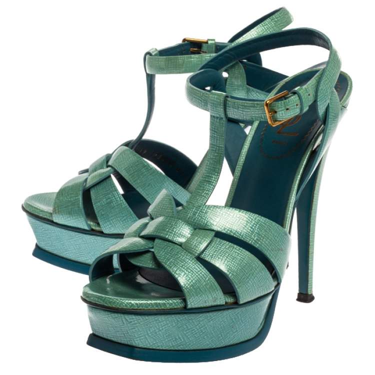 Pre Owned Saint Laurent Paris Blue Textured Patent Leather Tribute Sandals Size 37.5