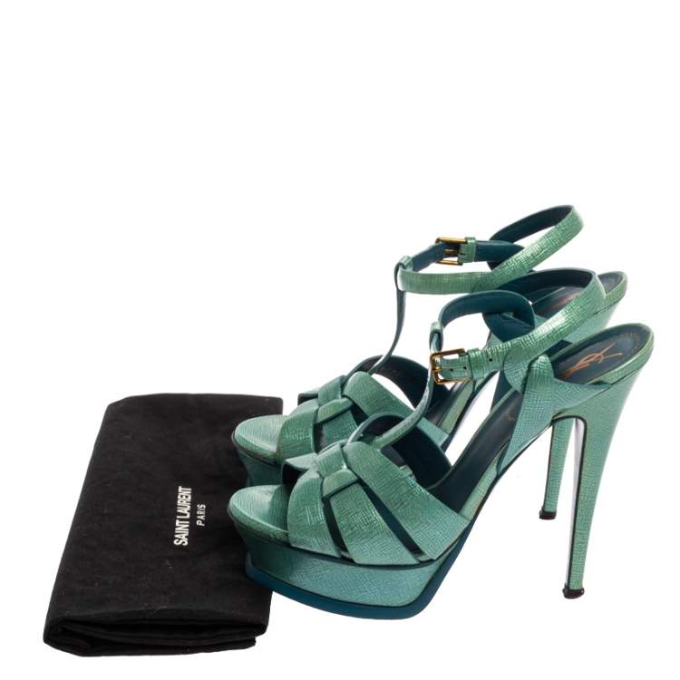 Pre Owned Saint Laurent Paris Blue Textured Patent Leather Tribute Sandals Size 37.5