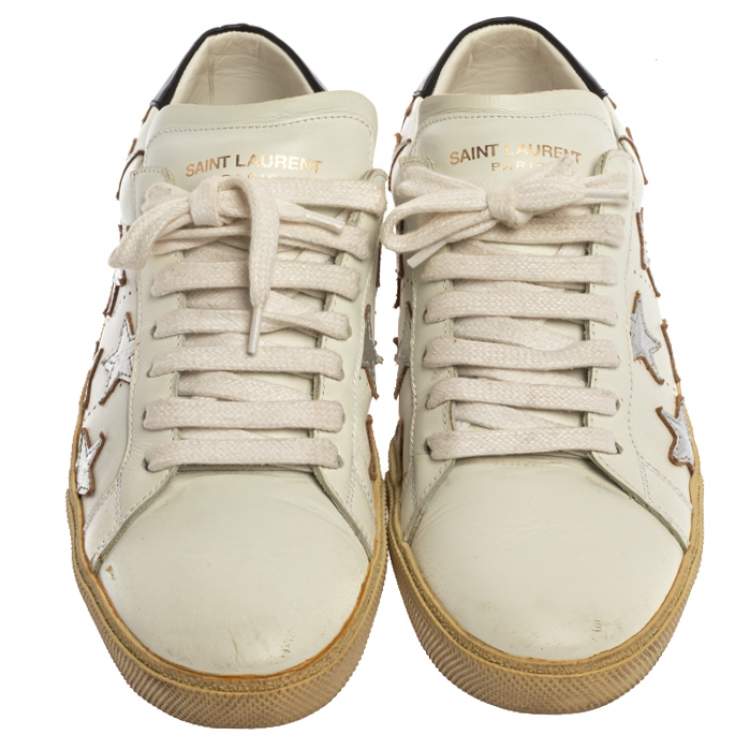 Pre Owned Saint Laurent Paris White/Silver Leather Star Alpha Low Top Sneakers Size 37.5