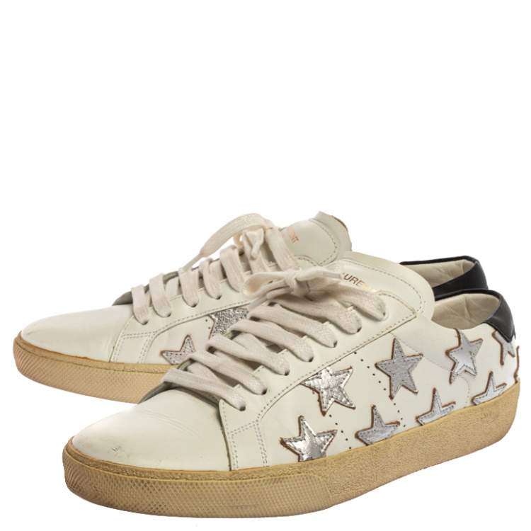 Pre Owned Saint Laurent Paris White/Silver Leather Star Alpha Low Top Sneakers Size 37.5