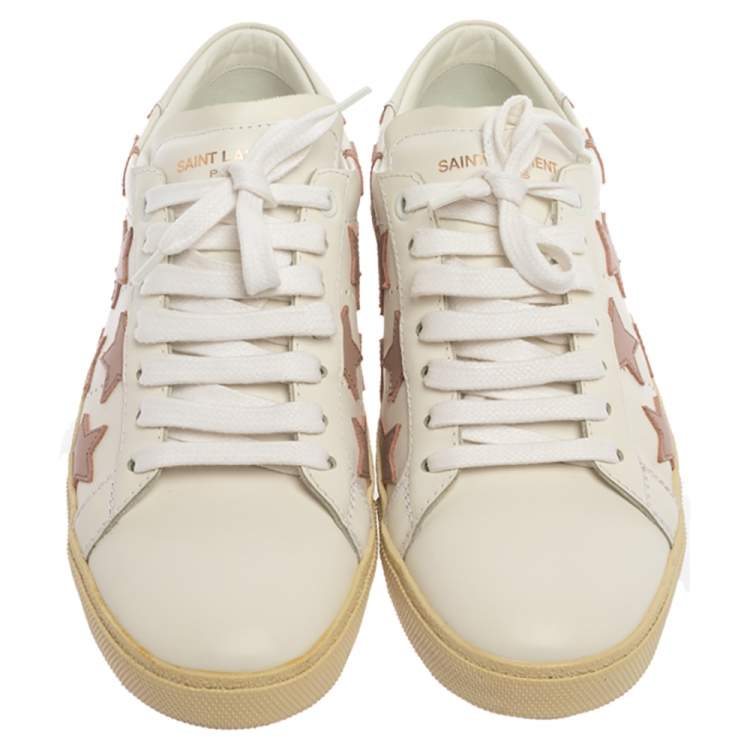 مملوكة مسبقًا Saint Laurent Paris White/Beige Leather Star Alpha Low Top Sneakers Size 37.5