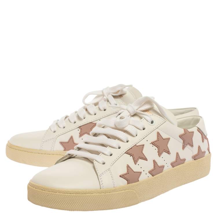 مملوكة مسبقًا Saint Laurent Paris White/Beige Leather Star Alpha Low Top Sneakers Size 37.5