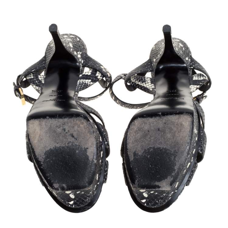Pre Owned Saint Laurent Paris Black/White Snakeskin Effect Leather Tribute Platform Sandals Size 39.5